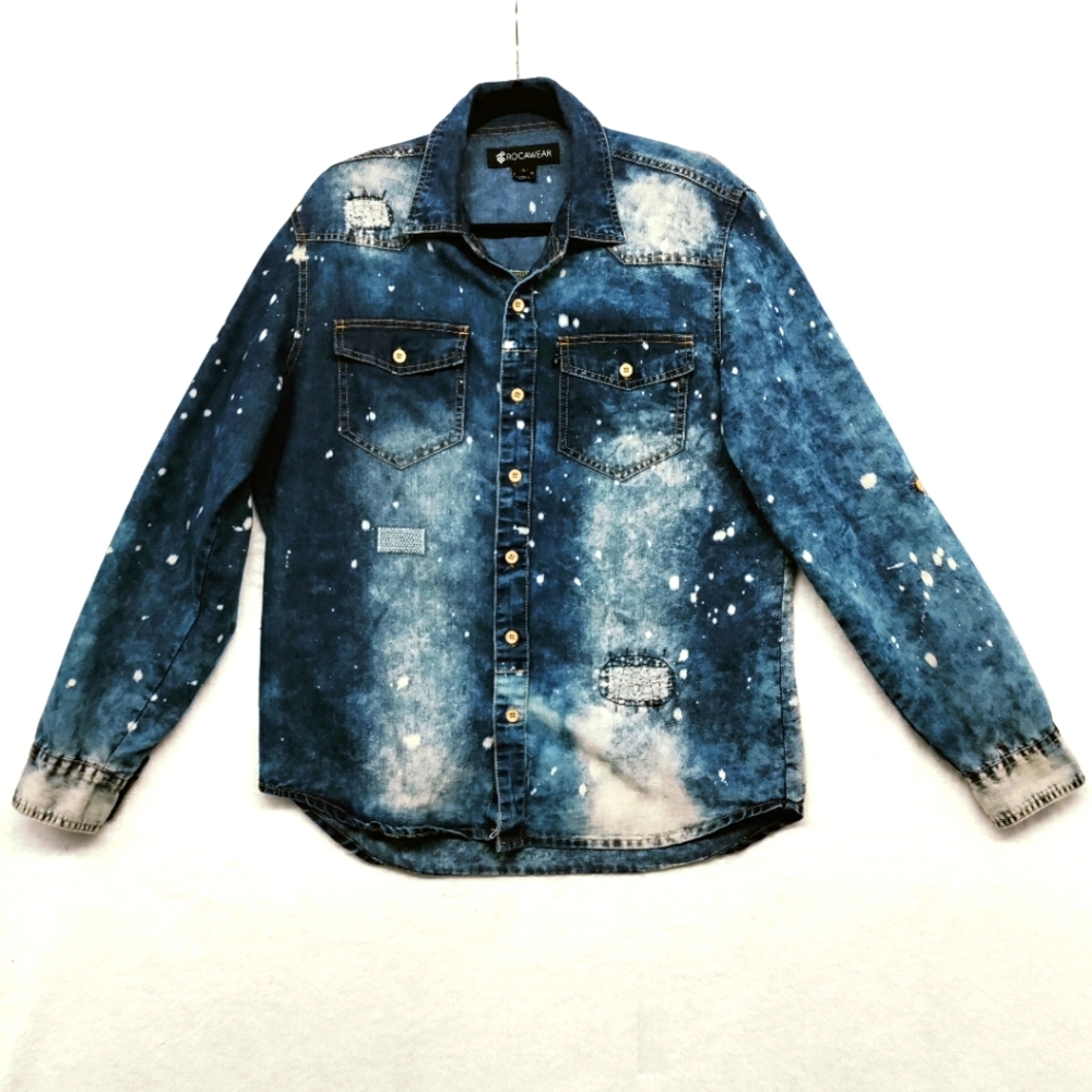 ROCAWEAR Distressed Denim, Acid Wash Button Up Womens Shirt Size Large
